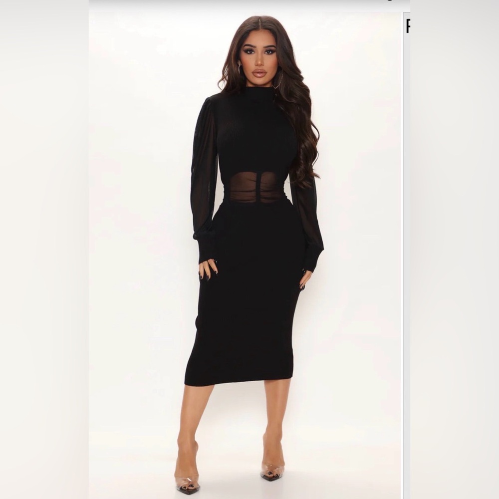 Fashion Nova Black Long-Sleeve Mesh Panel Bodycon Dress